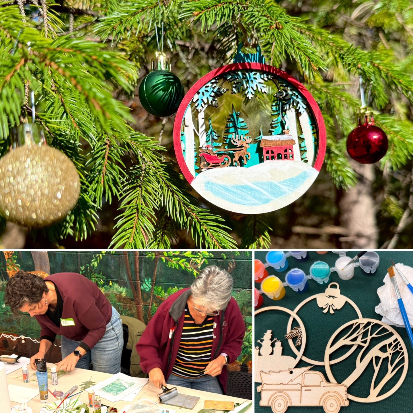 Festive ornaments on a tree; people crafting decorations below.