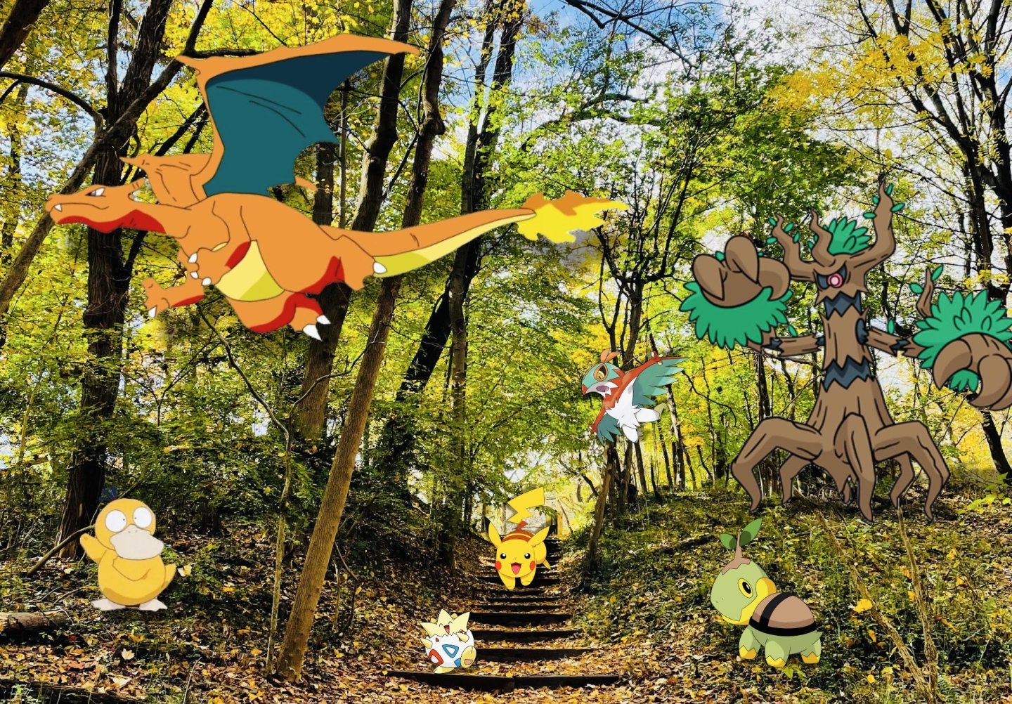 Cartoon creatures scattered in a sunlit forest path.
