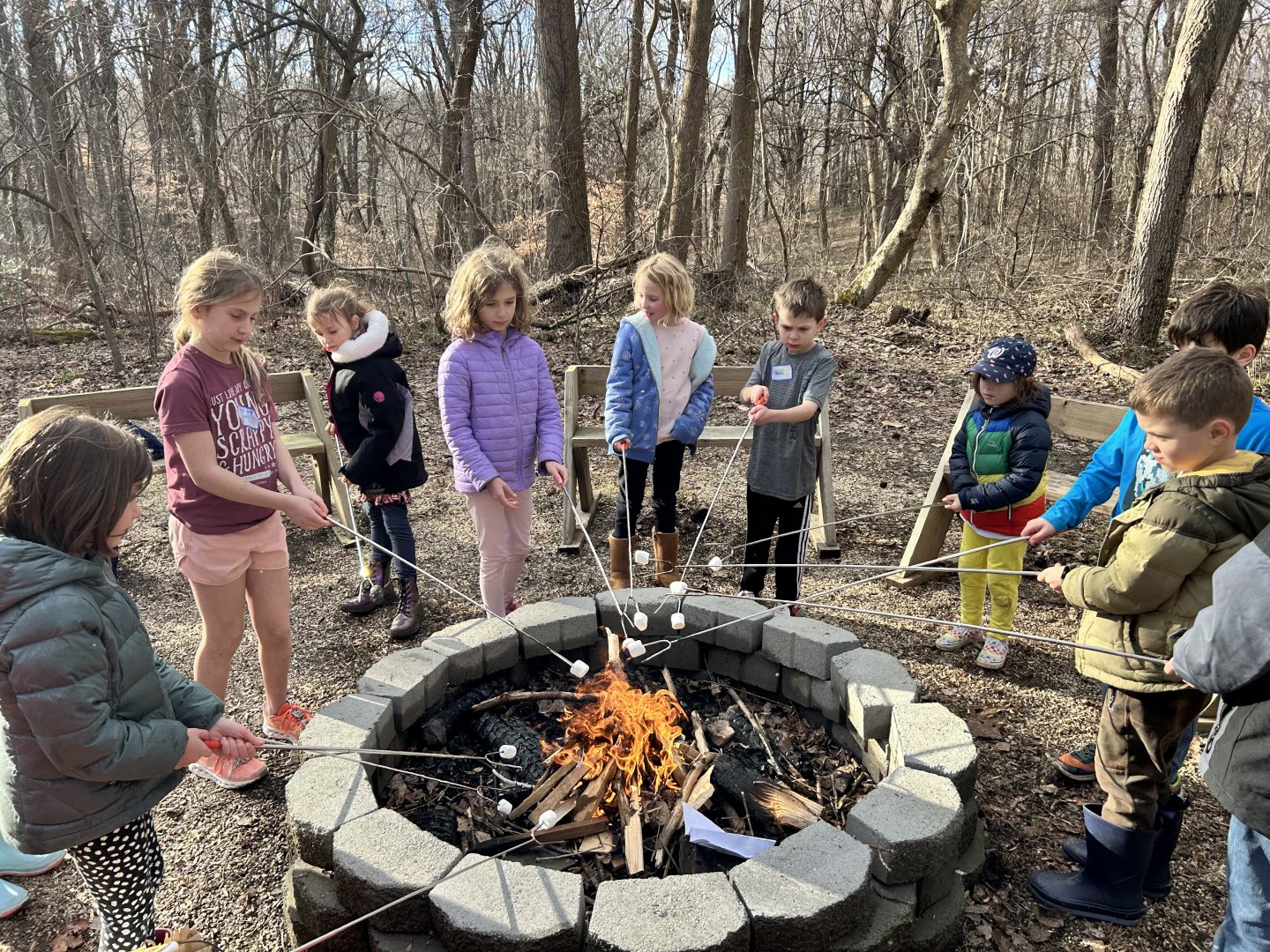 Children roasting marshmallows over a campfire in the woods.