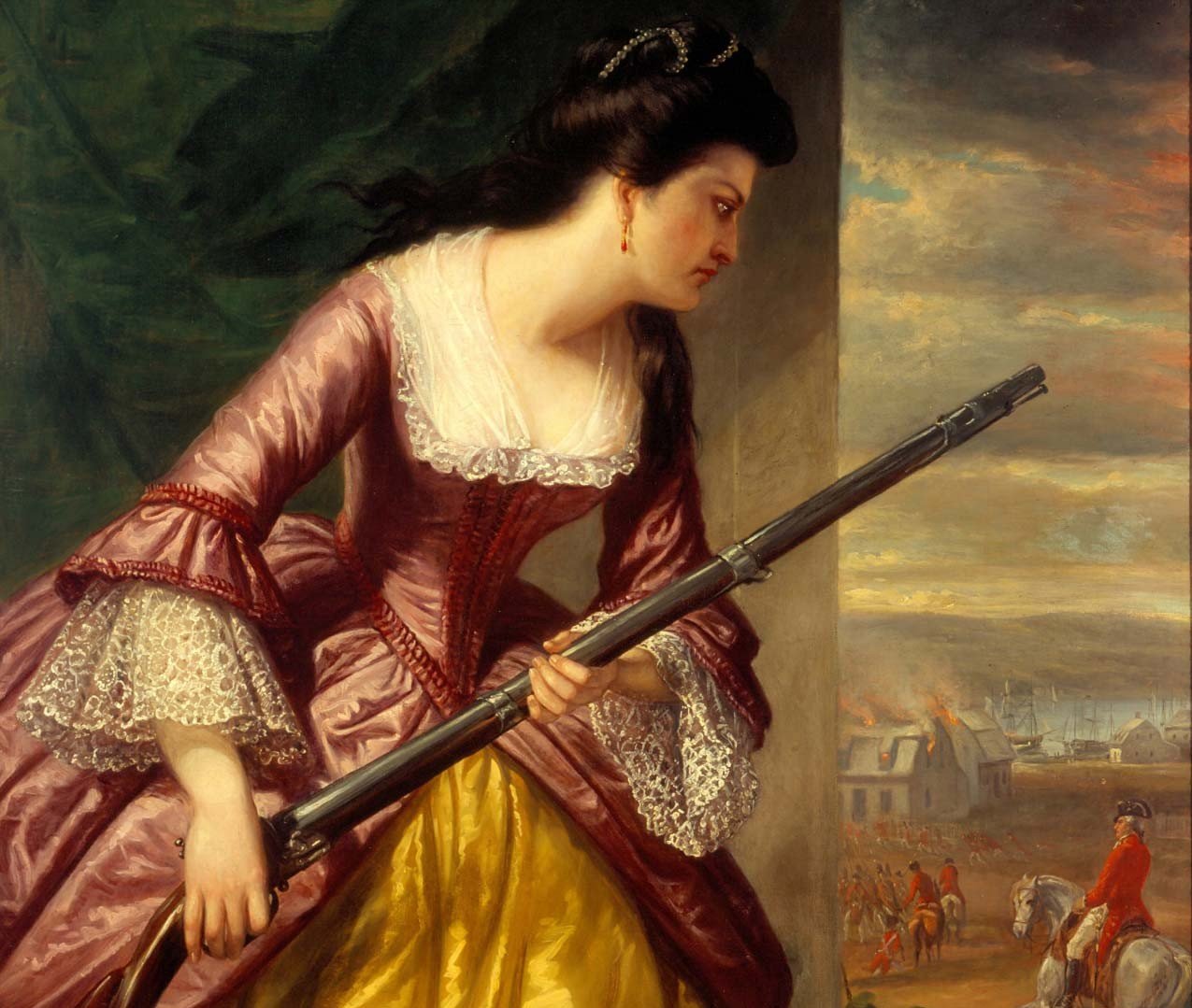Woman in historical dress holding a rifle, looking towards a distant battlefield.