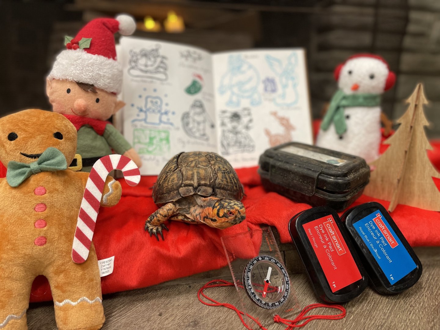Festive toys and turtle on a holiday-themed table with a notebook and compass.