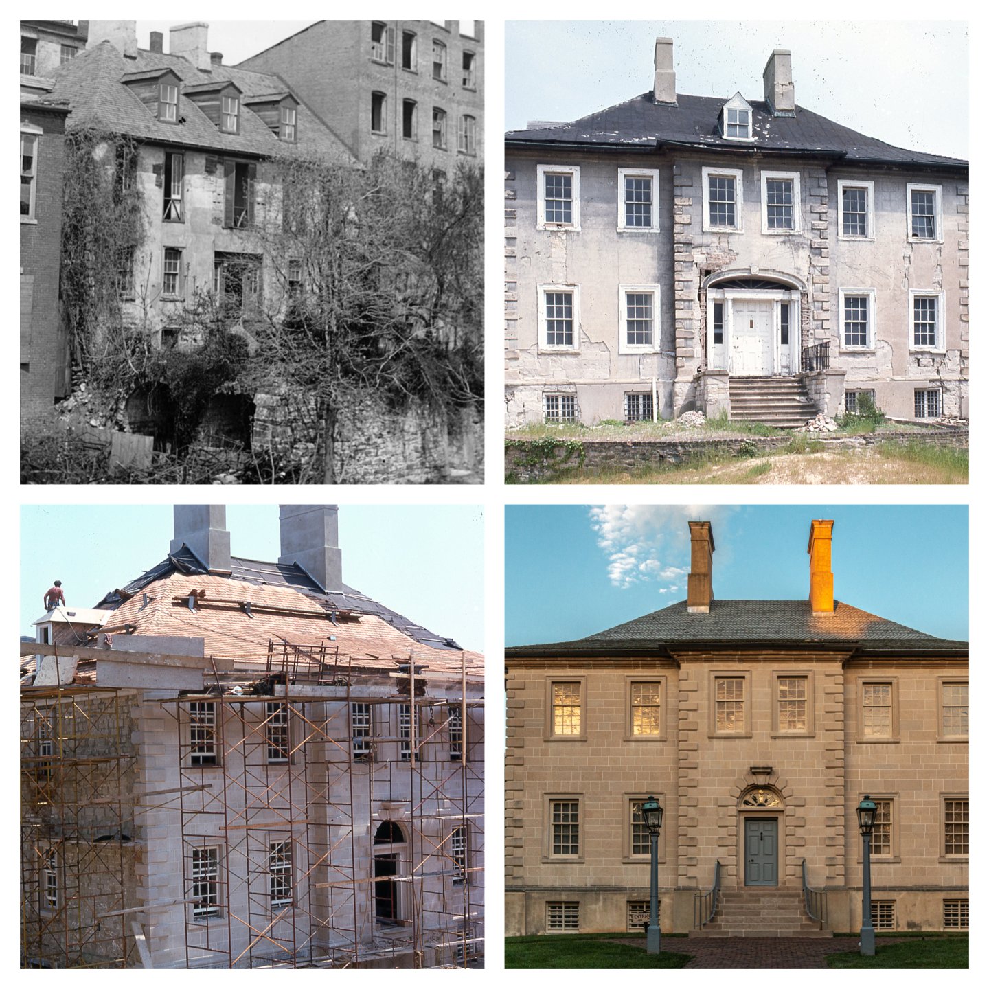 Four photos of the same historic house over time, showing changes and restoration.