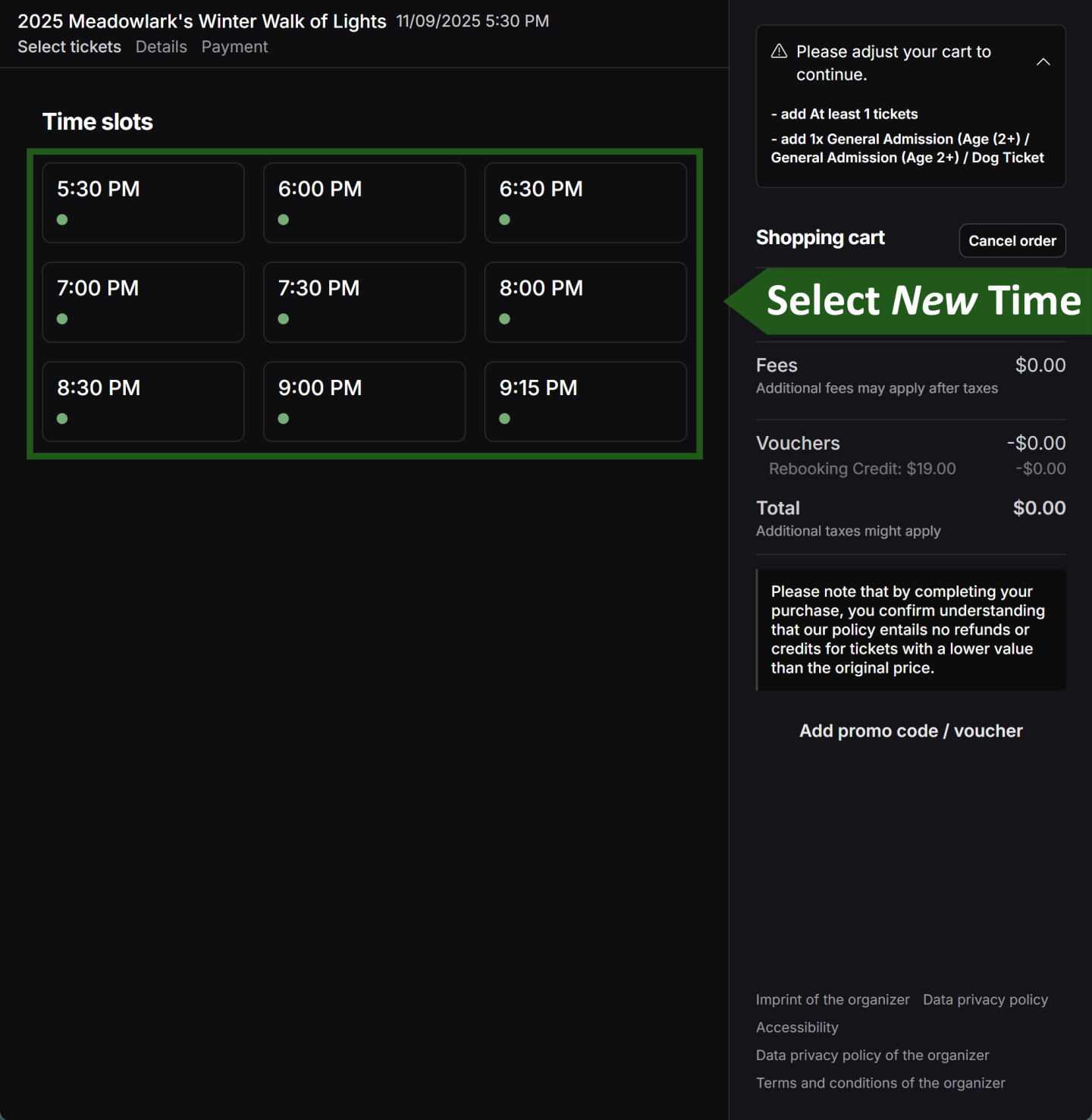 Time slots for event with options from 5:30 PM to 9:15 PM.