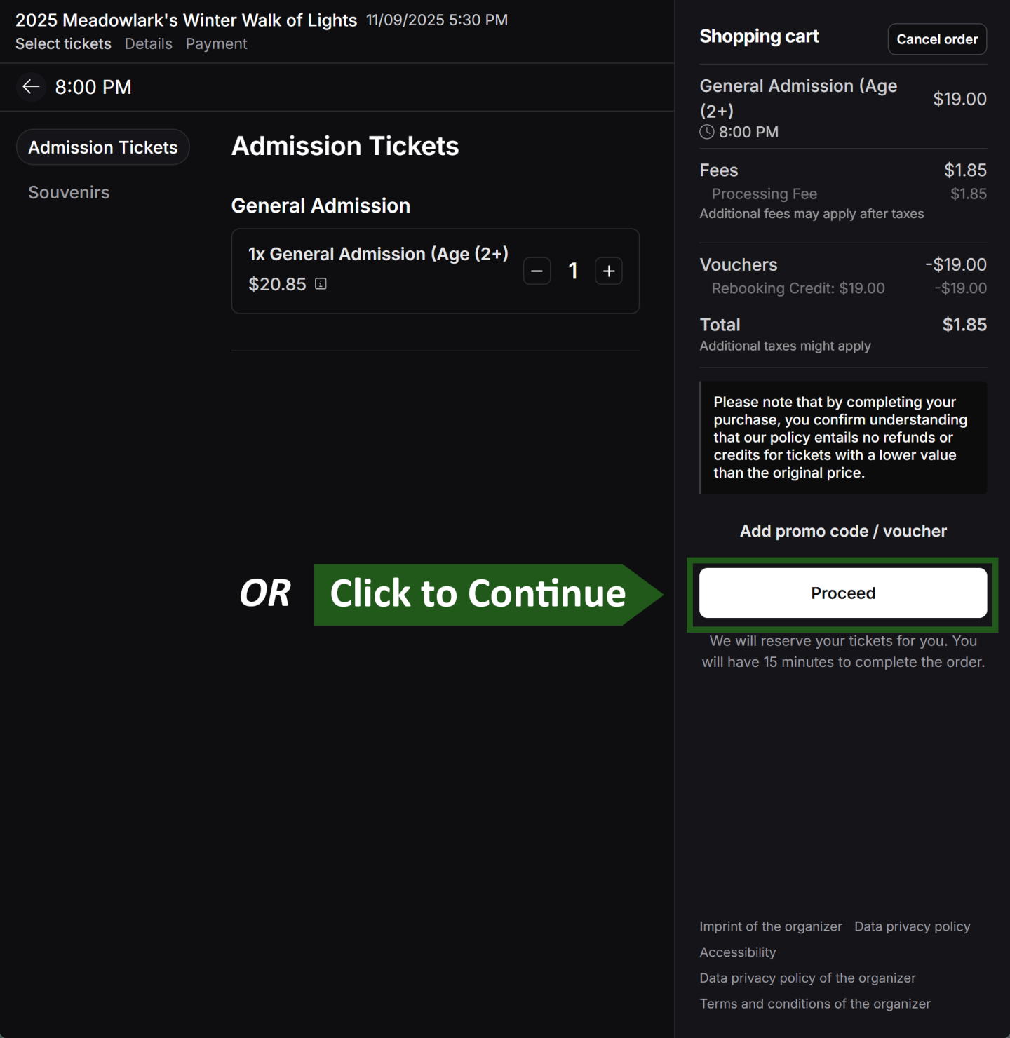 Admission ticket purchase page with checkout details.