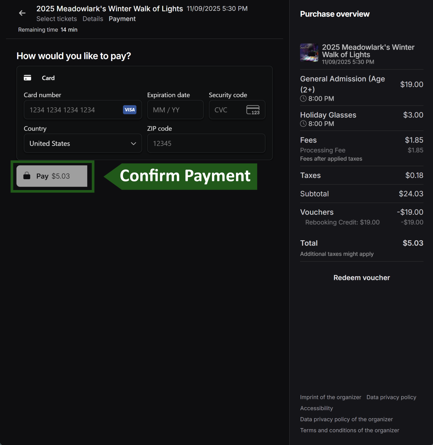 Payment form with credit card fields, pay button, and purchase overview.