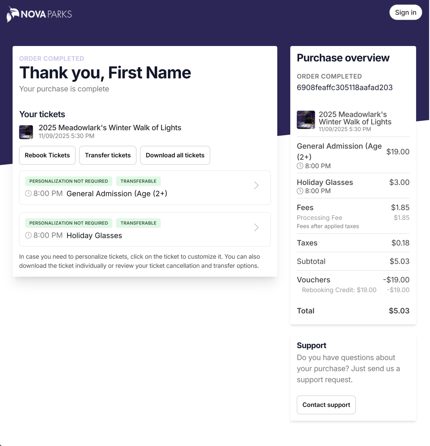 Ticket purchase confirmation screen for a winter event.