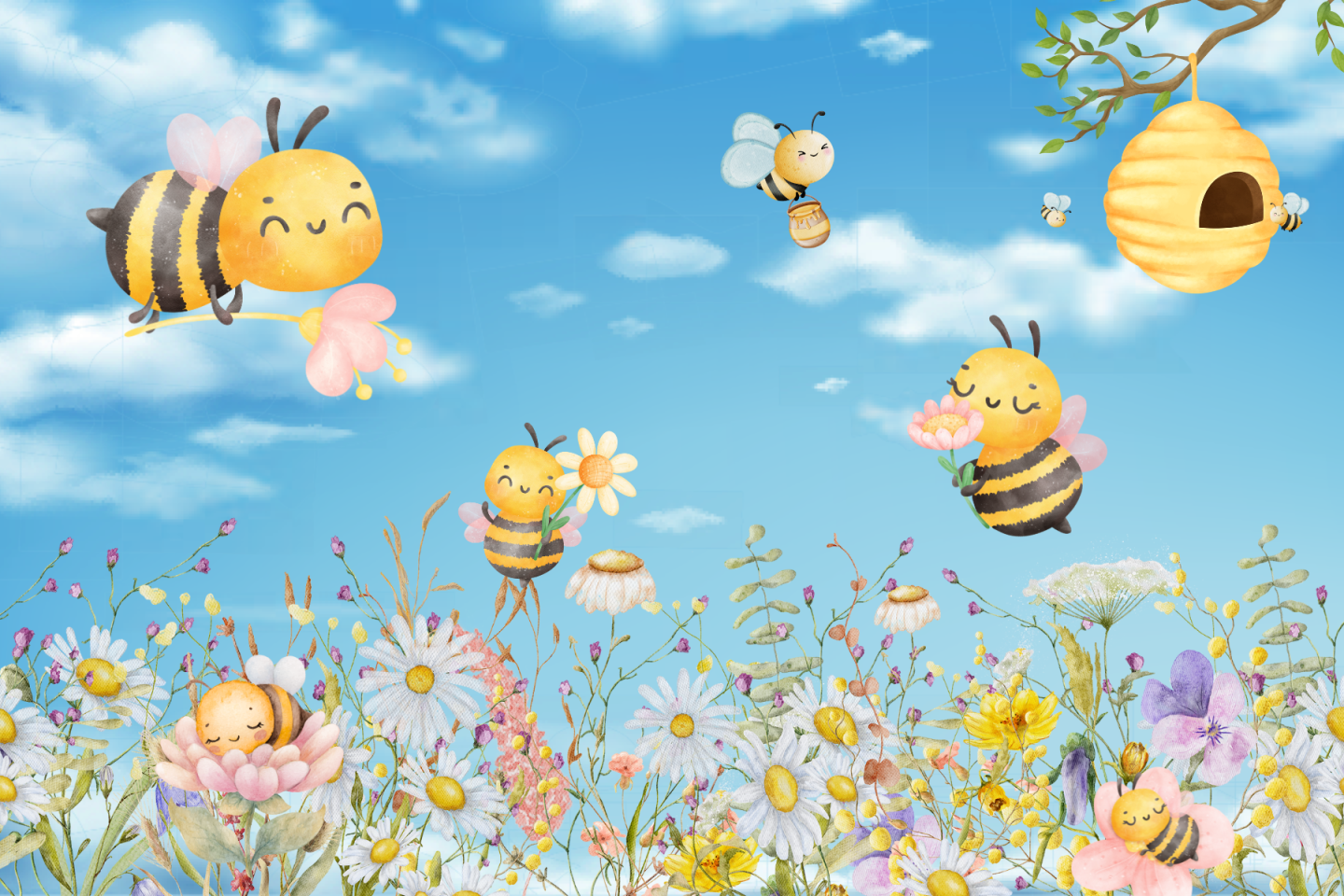 Cartoon bees flying over a colorful flower field on a sunny day.