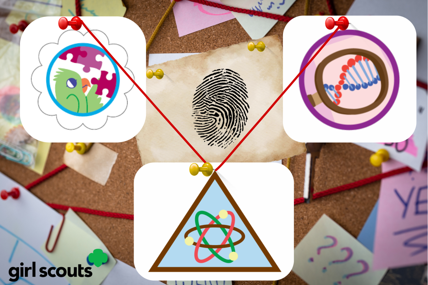 Corkboard with fingerprint, connected icons, and Girl Scouts logo.