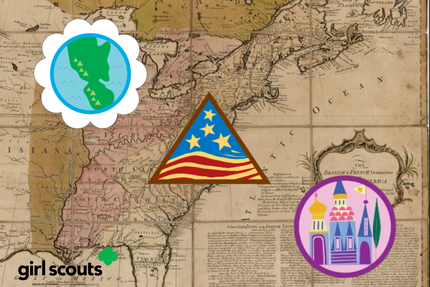 Vintage map with Girl Scouts logo, planet, and castle icons.