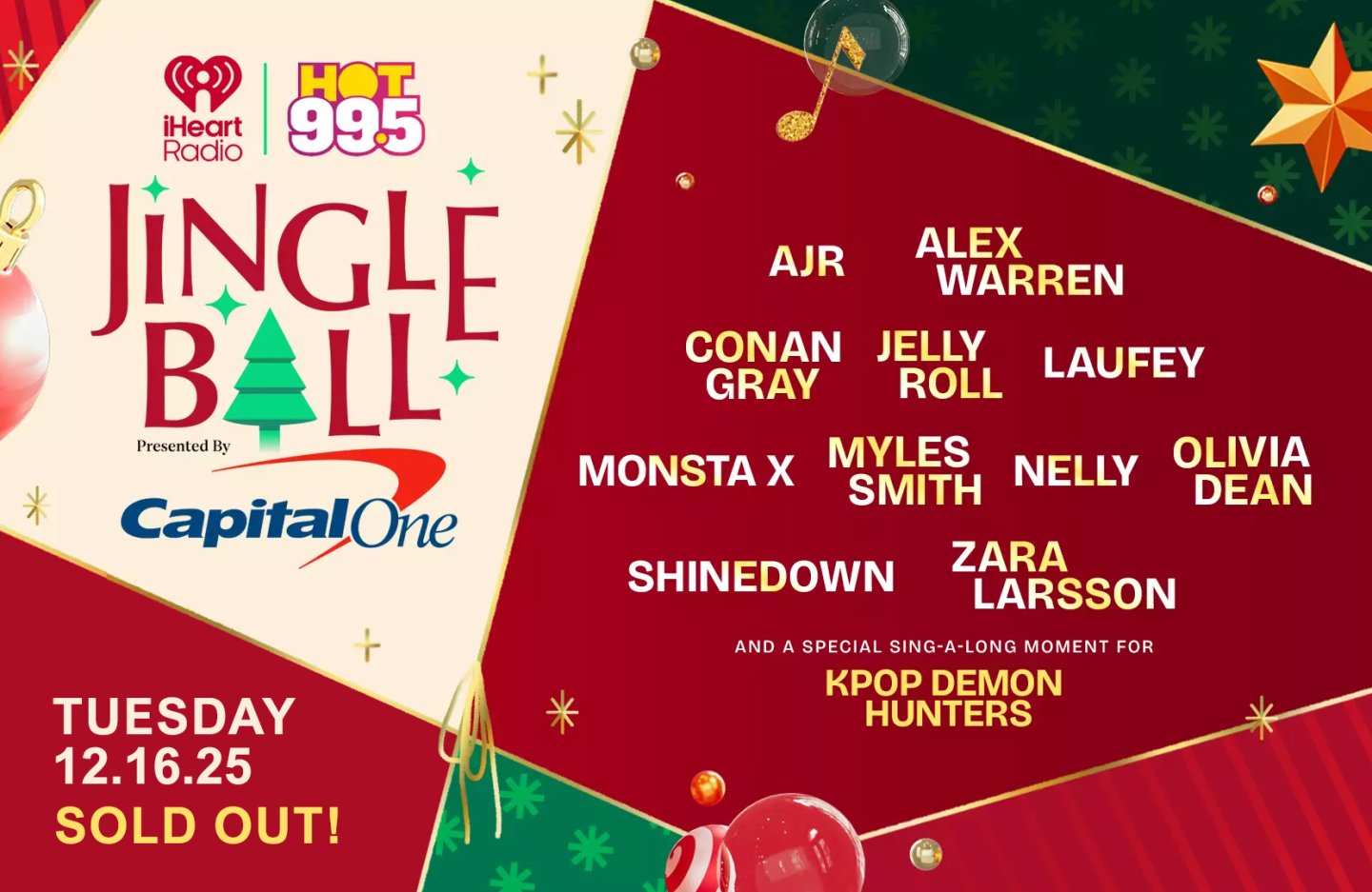 Jingle Ball event poster with artist names and festive design.
