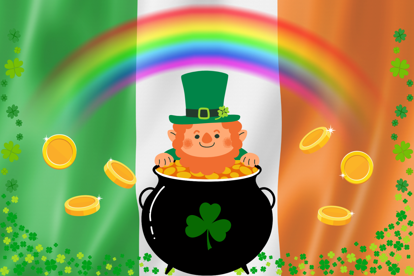 Leprechaun in pot of gold, rainbow and Irish flag background.