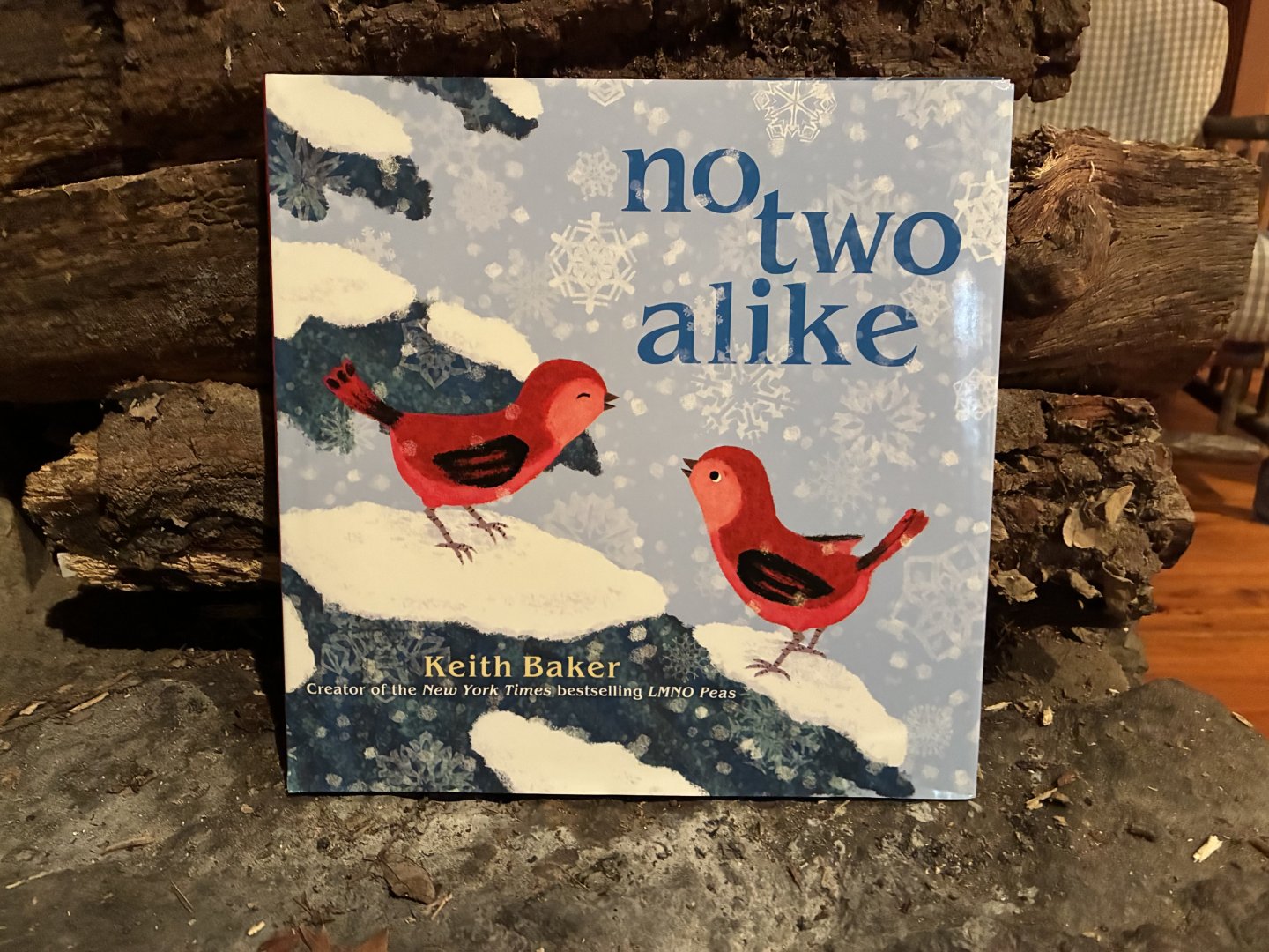 Book cover with two red birds on snowy branches.