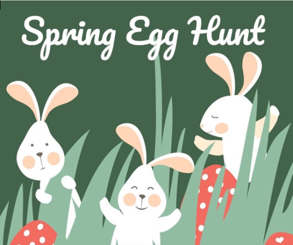 Three cartoon bunnies in grass with red spotted mushrooms.