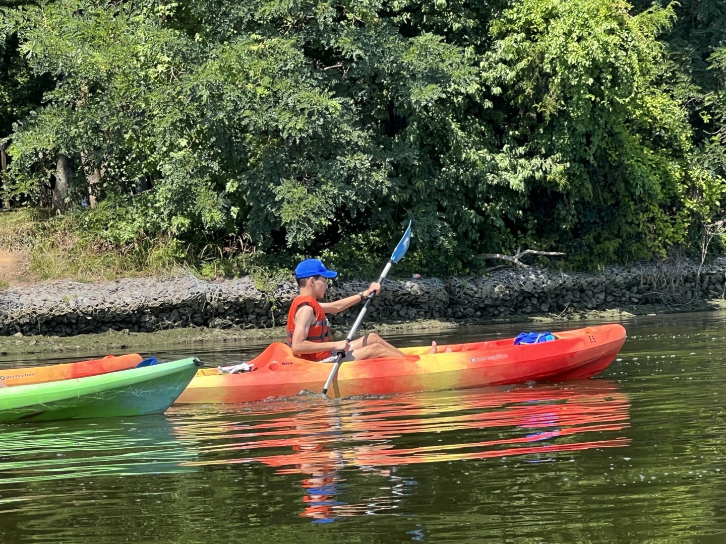 Person kayaking on calm water with trees in the background.