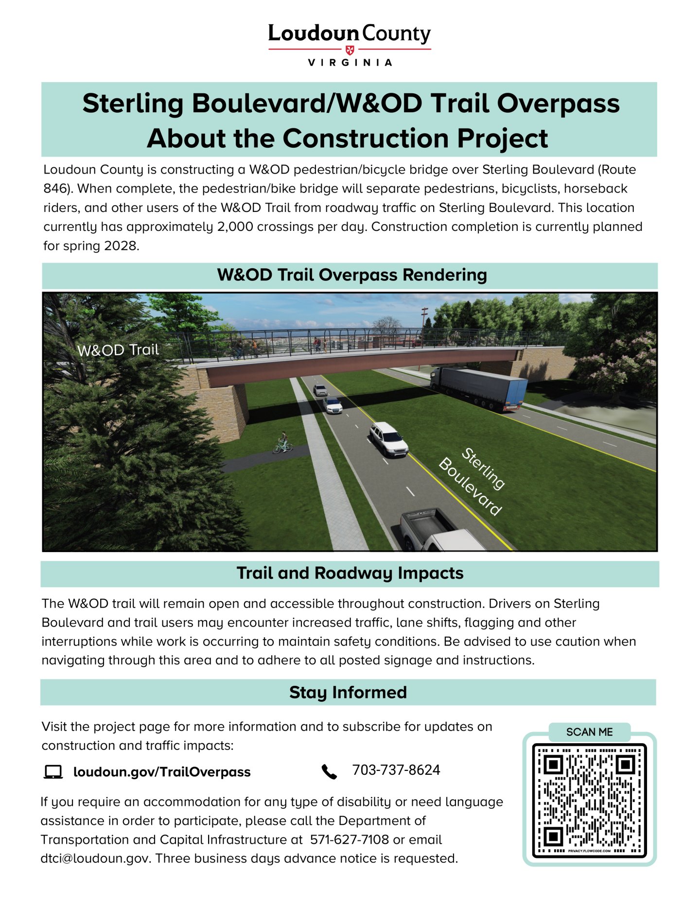 Flyer detailing construction of a trail overpass with a rendering and QR code.