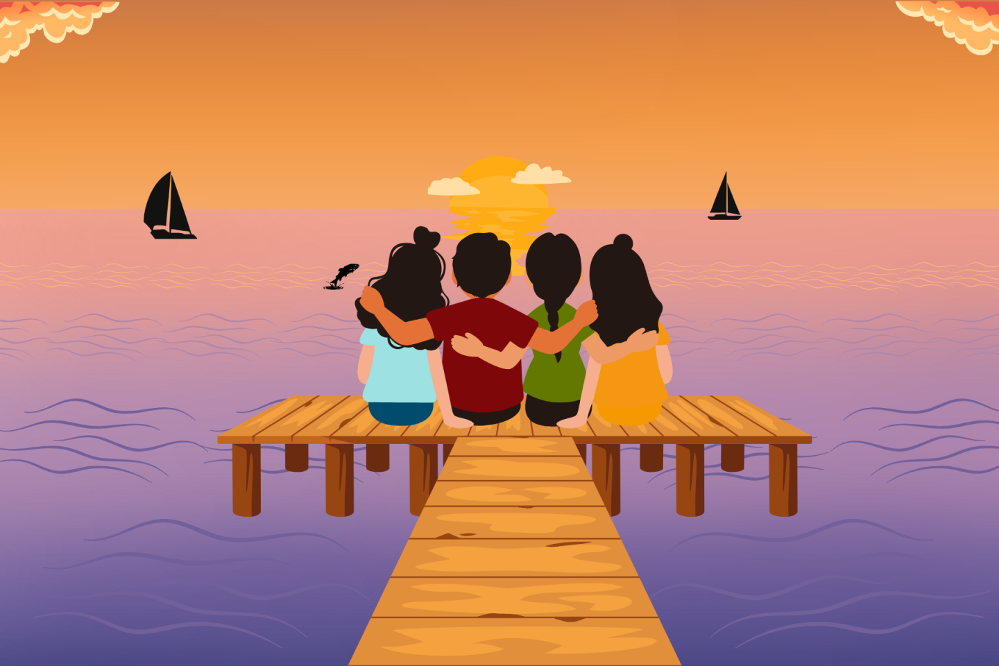 Four friends sitting on a dock, watching the sunset over the ocean.