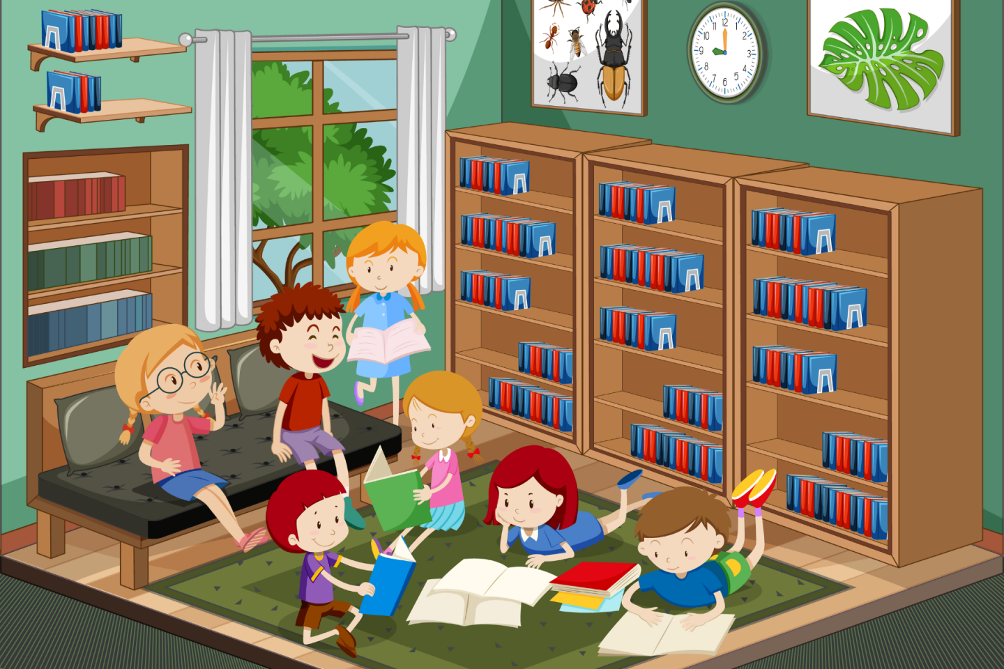 Children reading and playing in a colorful library room with bookshelves and a window view.