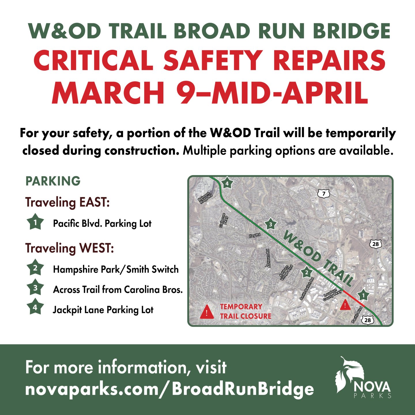 W&OD Trail closure notice with map and parking options.