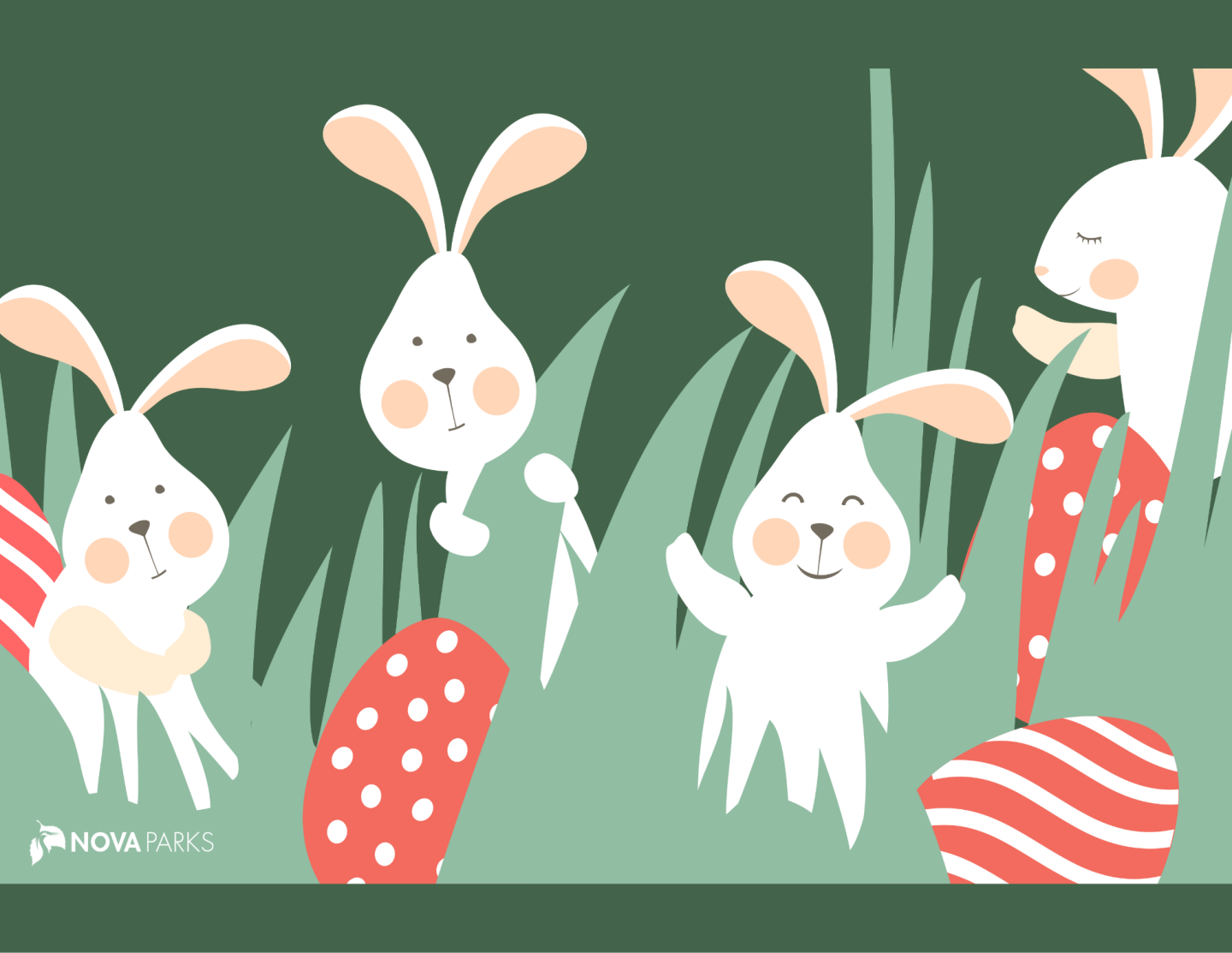 Cute cartoon bunnies and mushrooms on a green background.