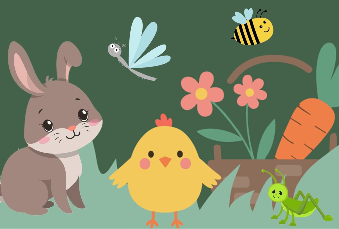 animals with flowers and vegetables in a garden.