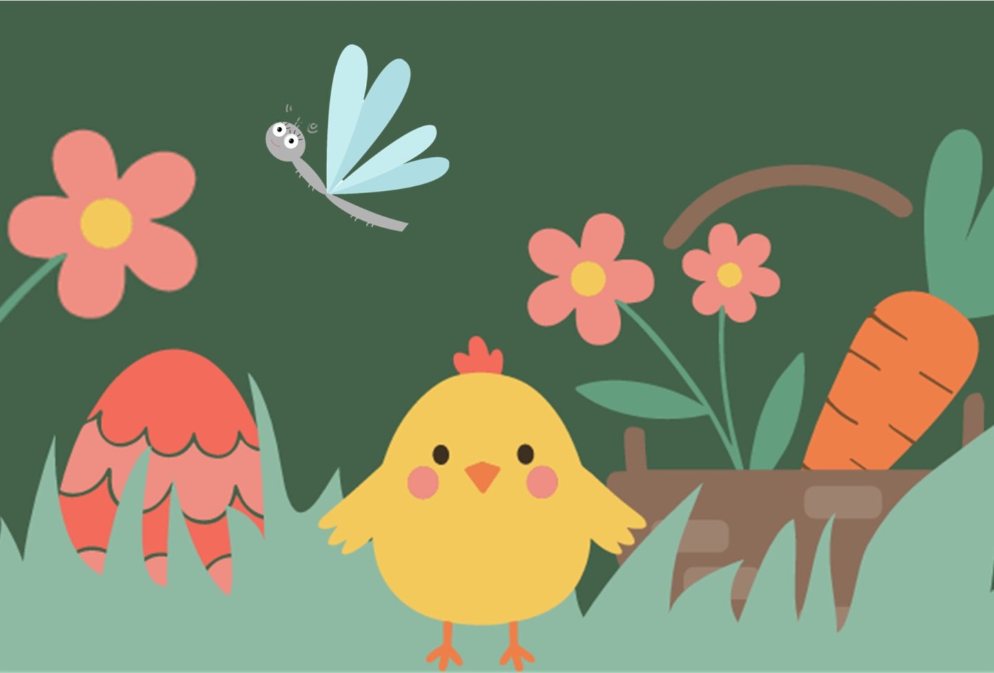 chick and dragonfly in a garden with flowers, a basket, and a carrot