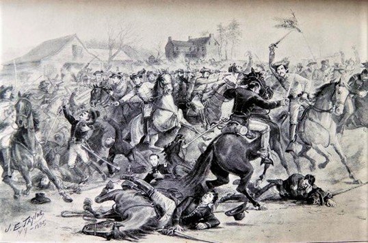 Drawing of a chaotic battle scene with soldiers on horseback and on foot.