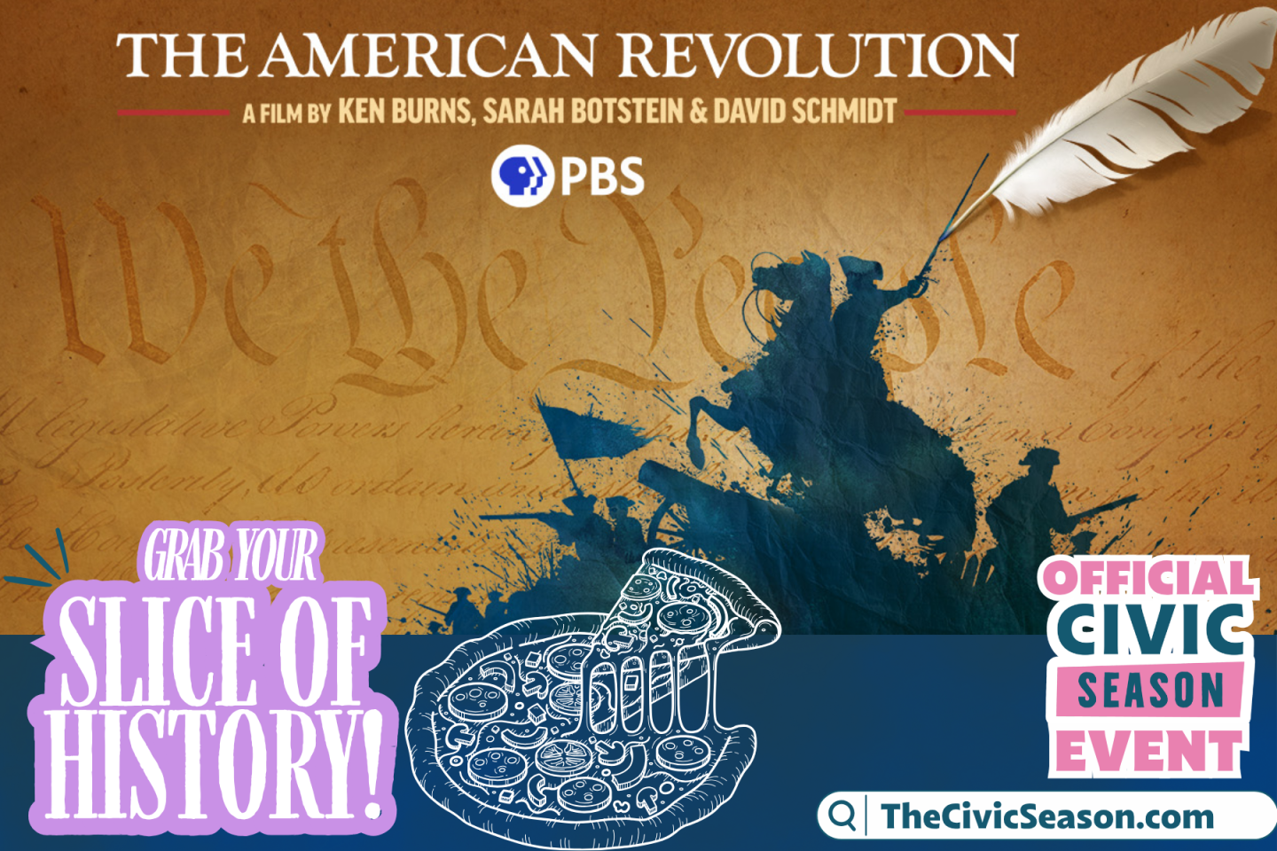 Film poster for "The American Revolution" with quill and ink.