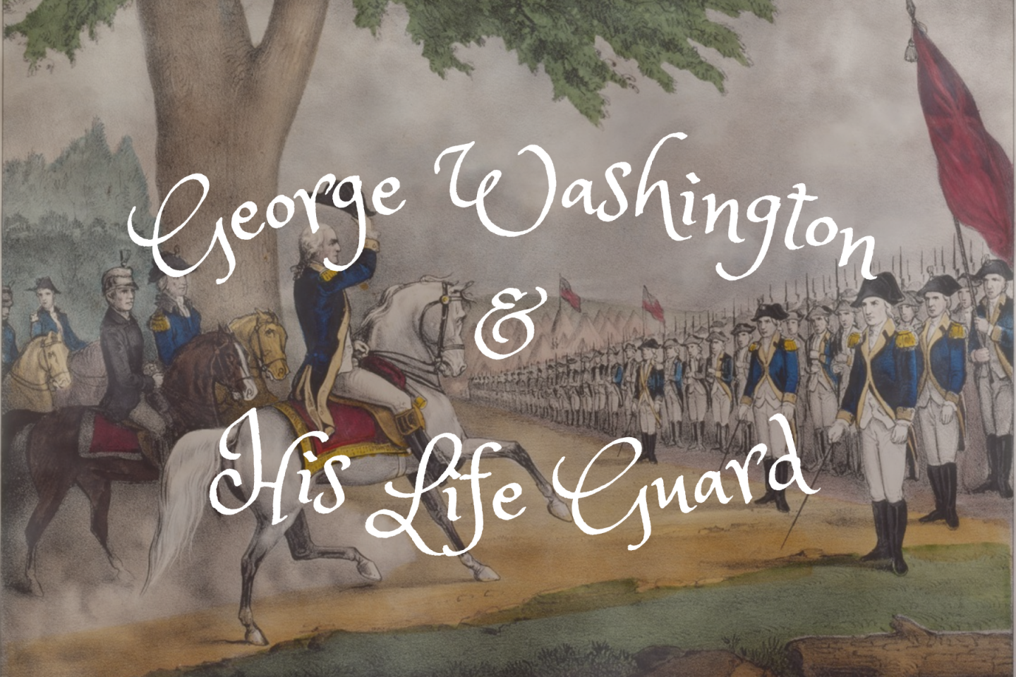 Painting of a military procession with soldiers in blue uniforms, featuring a leader on horseback.