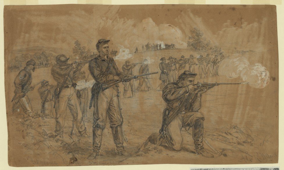 Members of 1st Maine Calvary skirmishing at 1863 Battle of Middleburg.  Sketch by Alfred Waud.