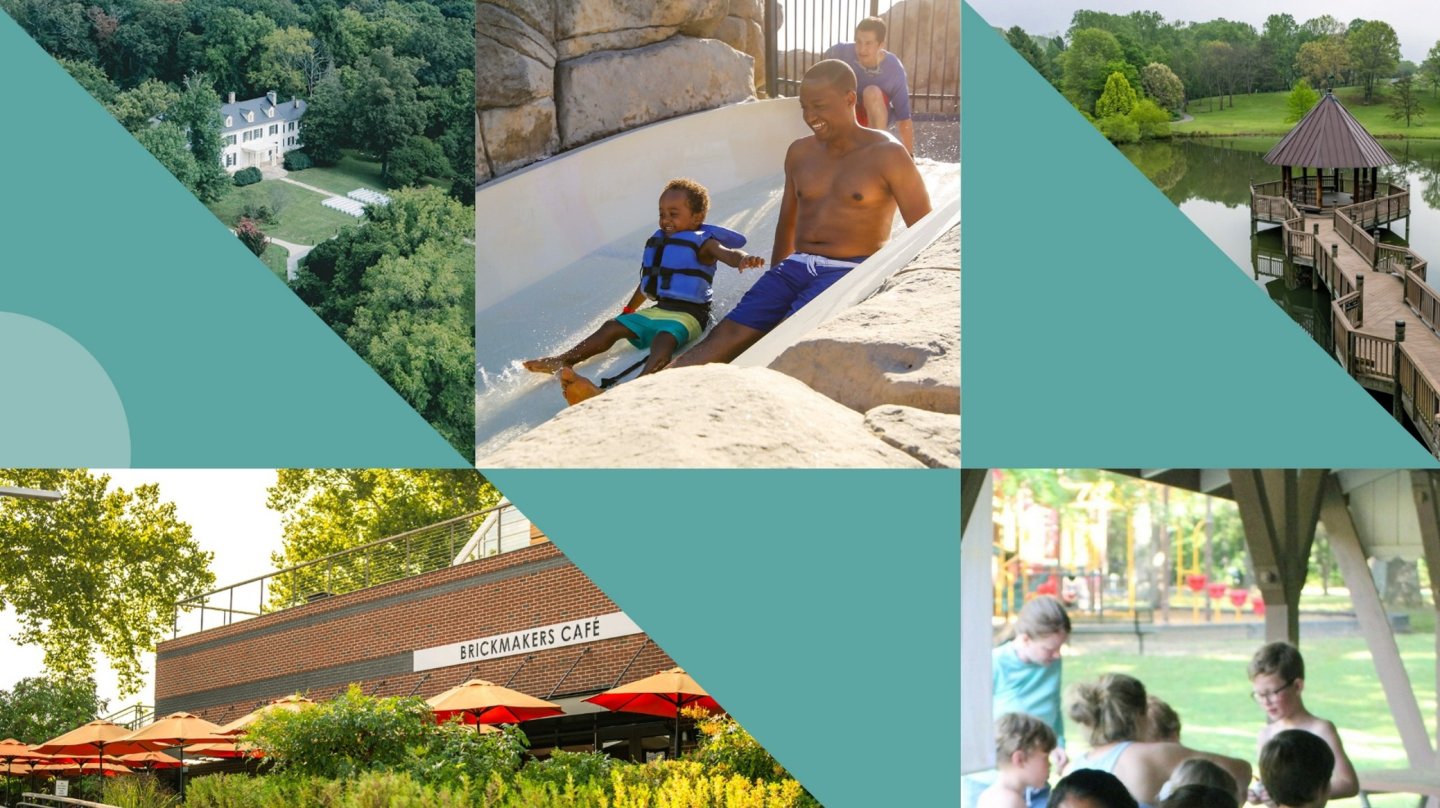 Collage of outdoor activities: swimming, nature scenes, and a group gathering.