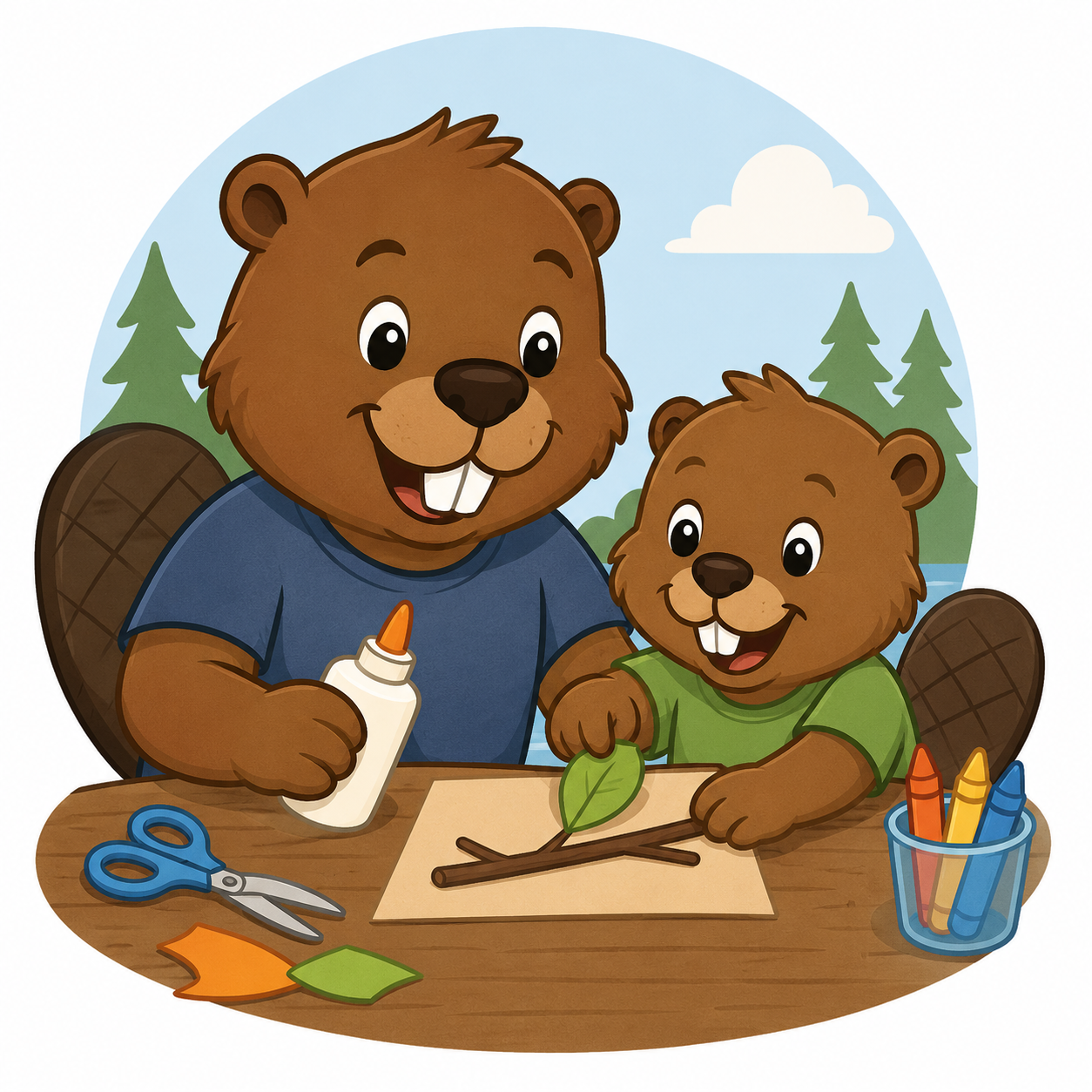 Beavers crafting with glue, leaves, and sticks at a table.