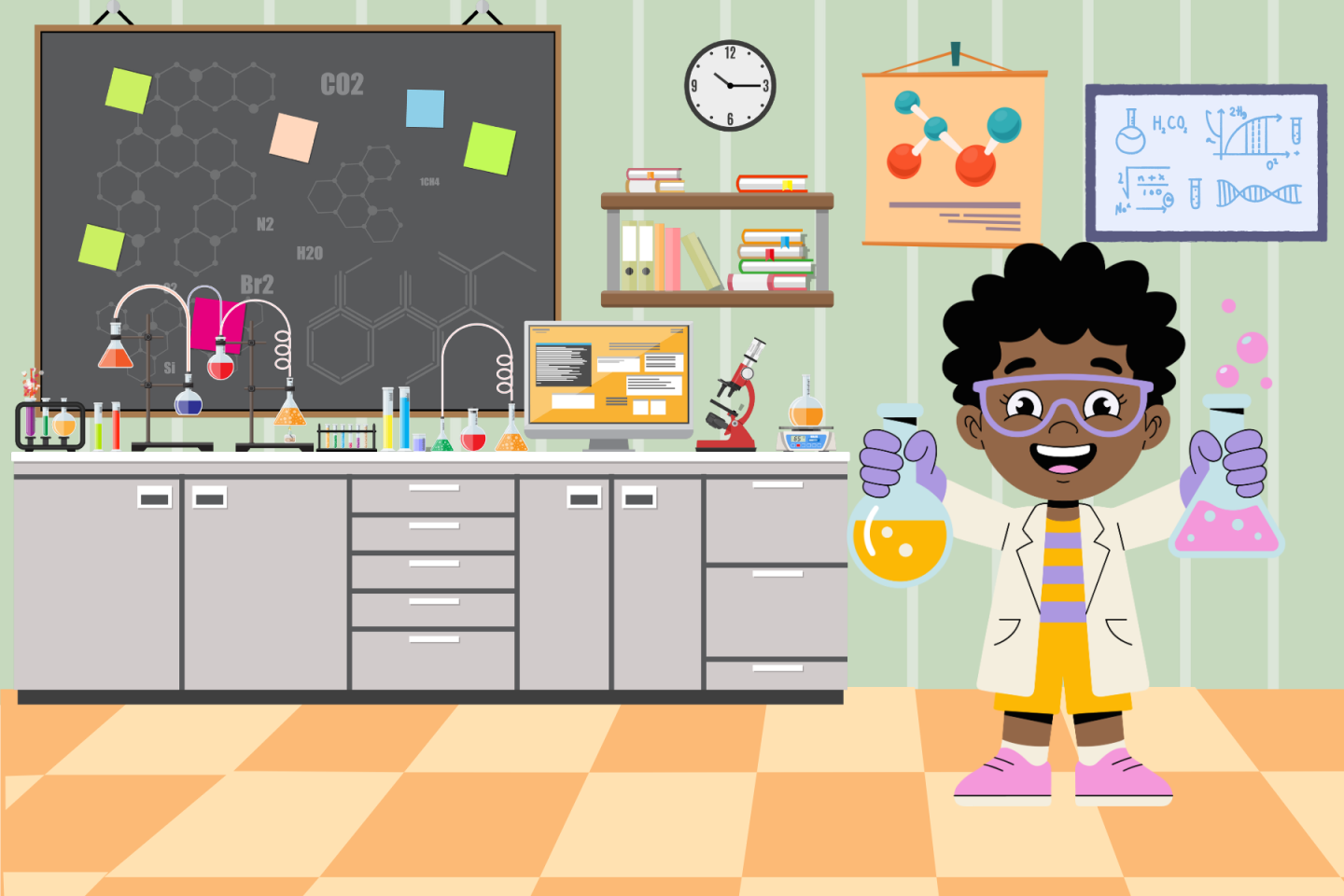 Boy in lab coat holding flasks in colorful science lab illustration.