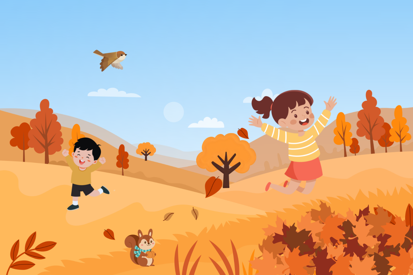 Children joyfully playing in a colorful autumn landscape with falling leaves.