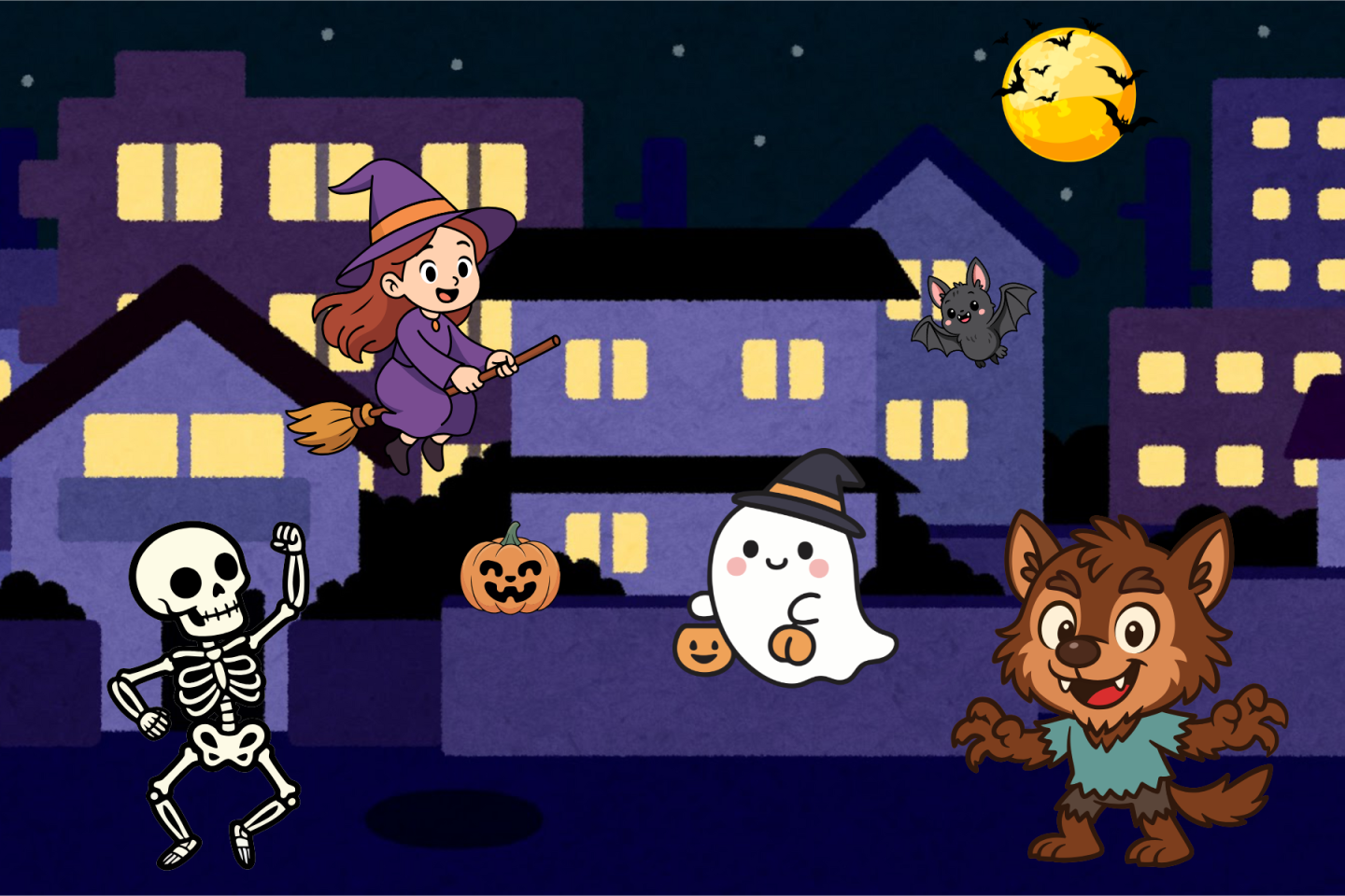 Cartoon witch, ghost, skeleton, and werewolf celebrate Halloween in a suburban night scene.
