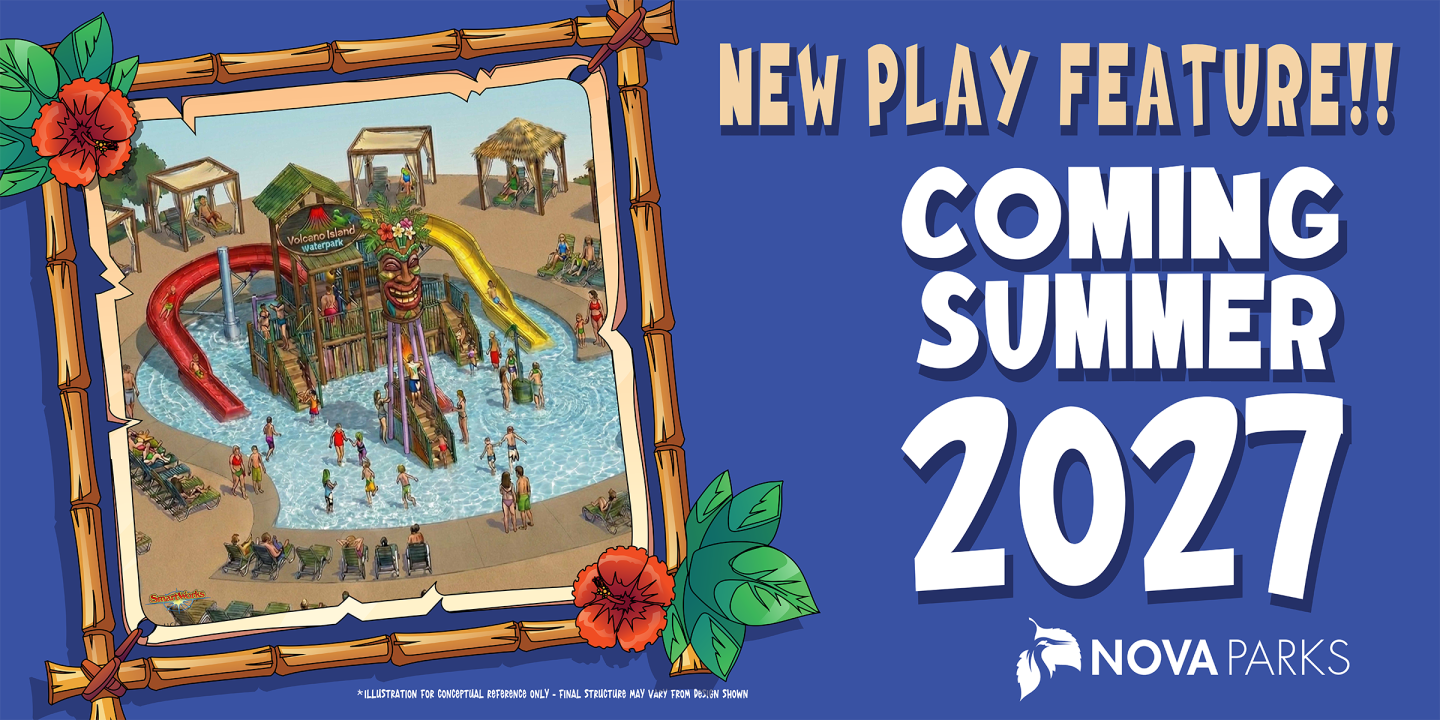 Water park illustration with slides and pool, floral border; summer 2027 announcement.