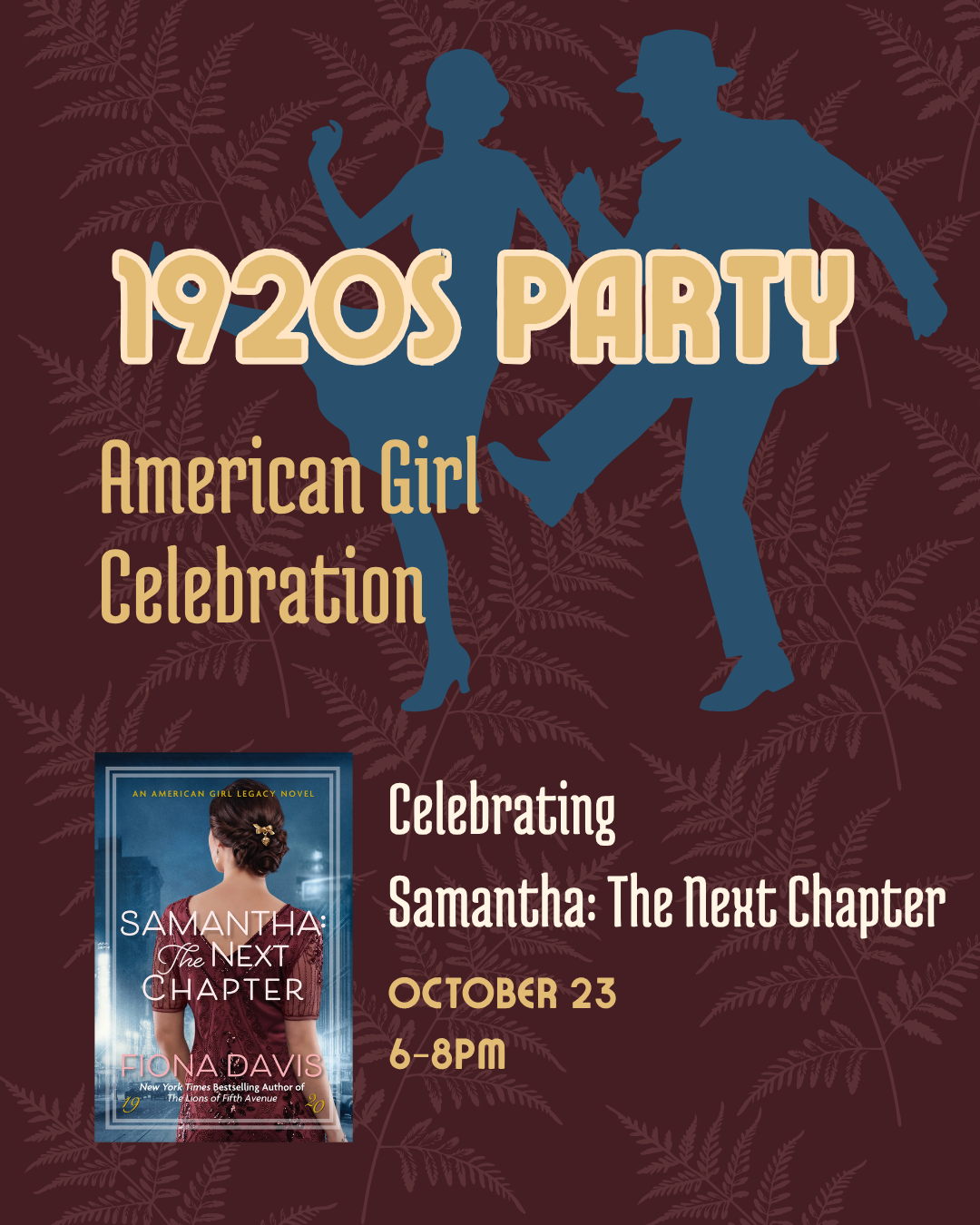1920s party flyer for American Girl Celebration, October 23, 6–8 PM.