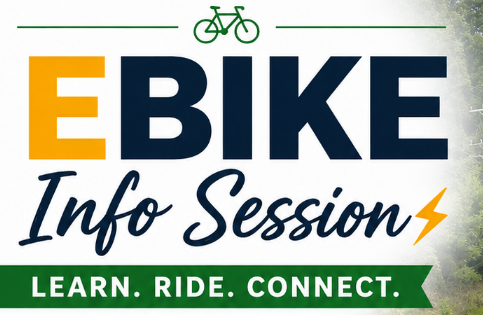 E-bike Info Session graphic with bicycle icon and “Learn. Ride. Connect.”