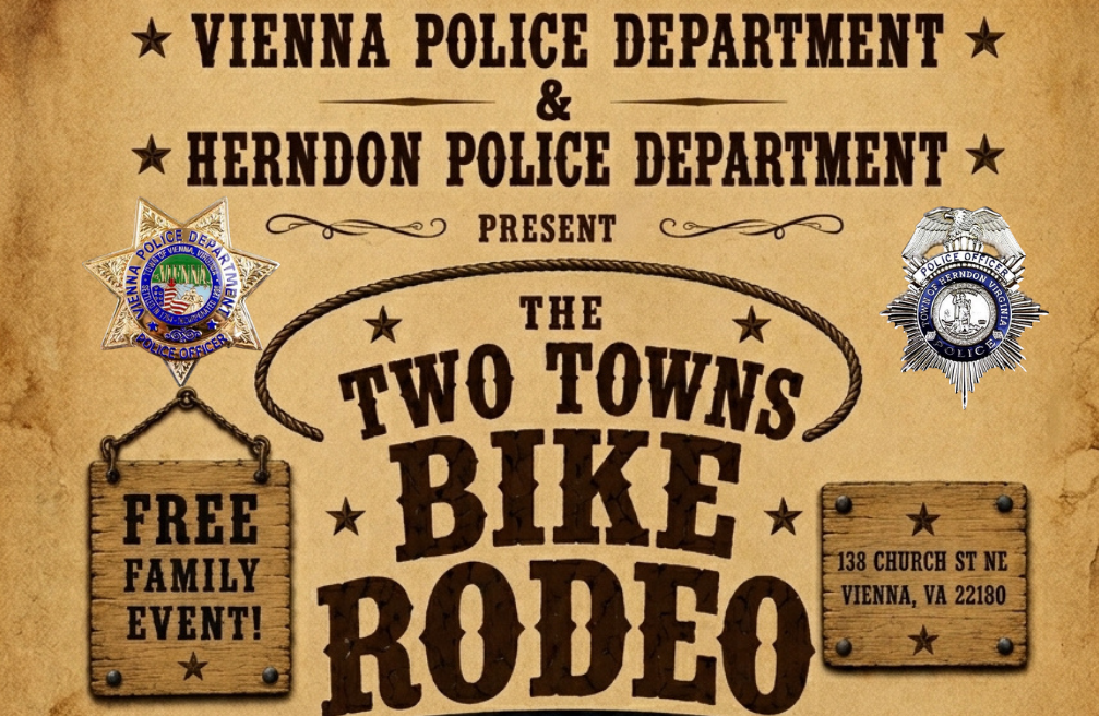 Vintage poster for the Two Towns Bike Rodeo, hosted by Vienna and Herndon police.