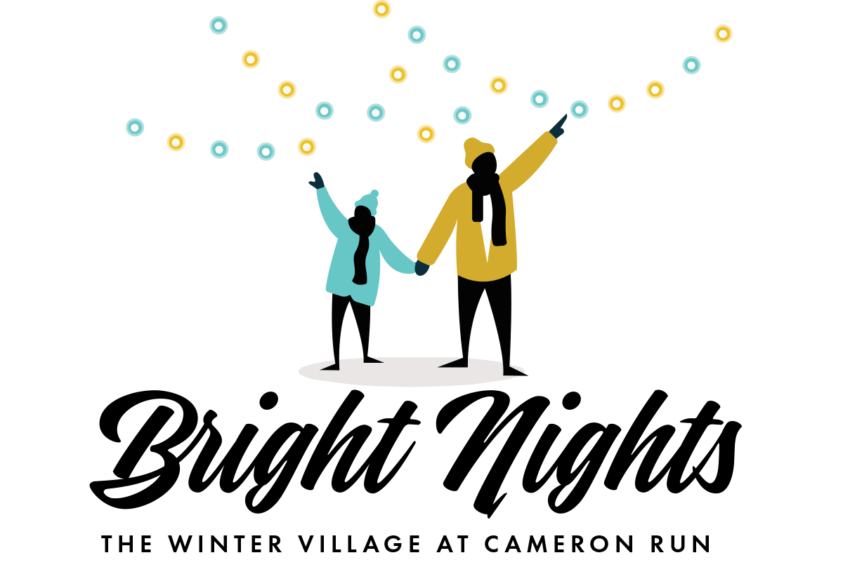 Stylized illustration of two people under colorful holiday lights.