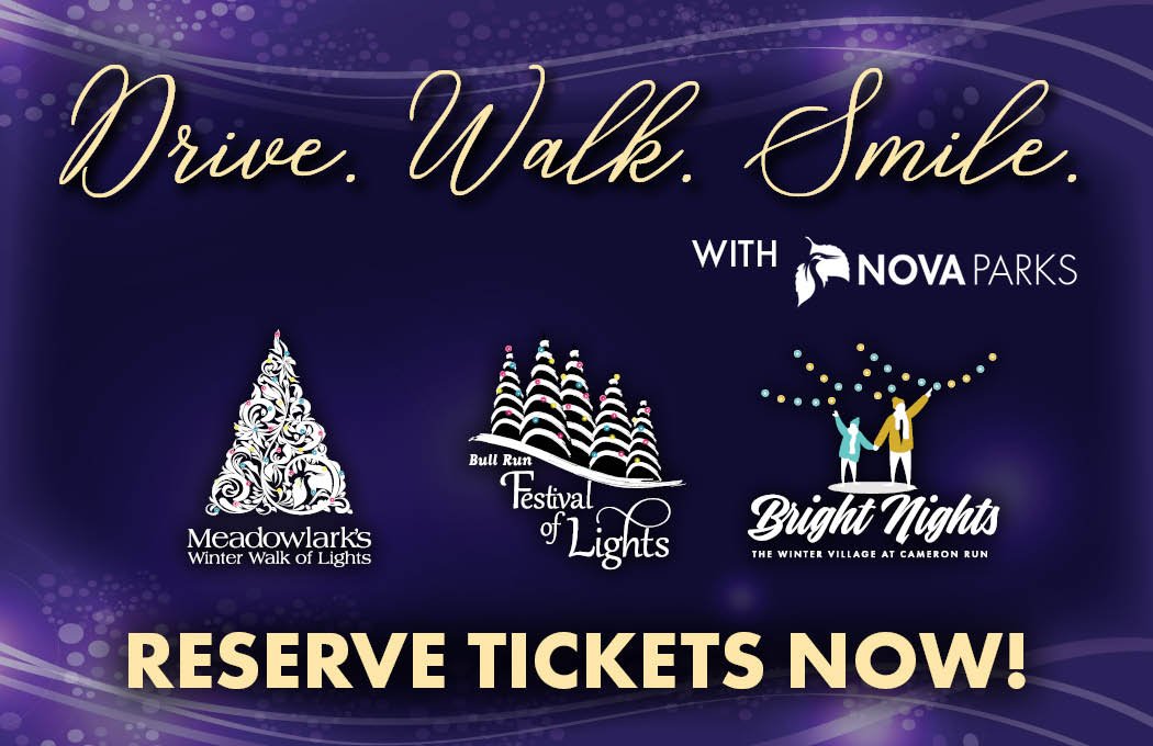 Drive, Walk, Smile holiday lights event banner with reserve tickets message.